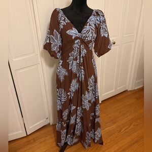 White Closet Brown & Blue Floral Boho Maxi Dress | M